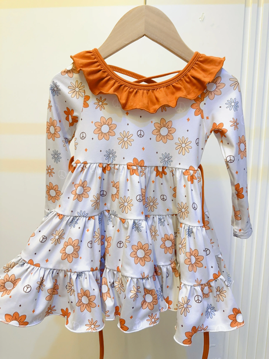 (Pre-order)GLD1035  Orange Flowers Print Girls Knee Length Dress
