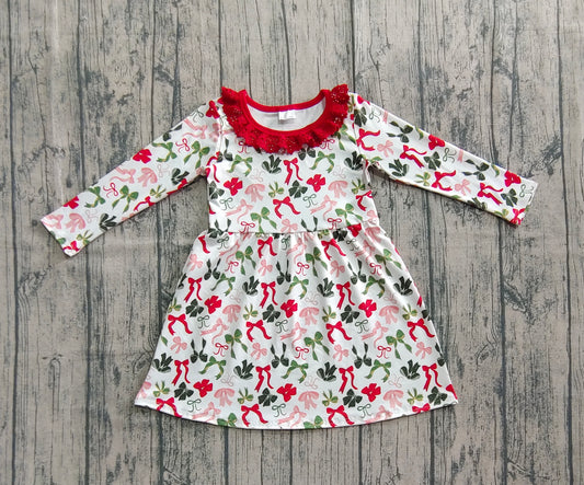 (Pre-order)GLD1036  Red Green Bows Print Girls Christmas Knee Length Dress