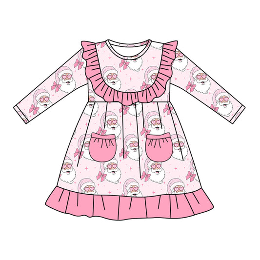 (Pre-order)GLD1037 Santa Bows Pink Print Pockets Girls Christmas Knee Length Dress