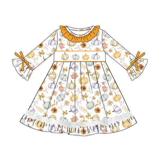 (Pre-order)GLD1038 Pumpkin Flowers Print Girls Fall Knee Length Dress