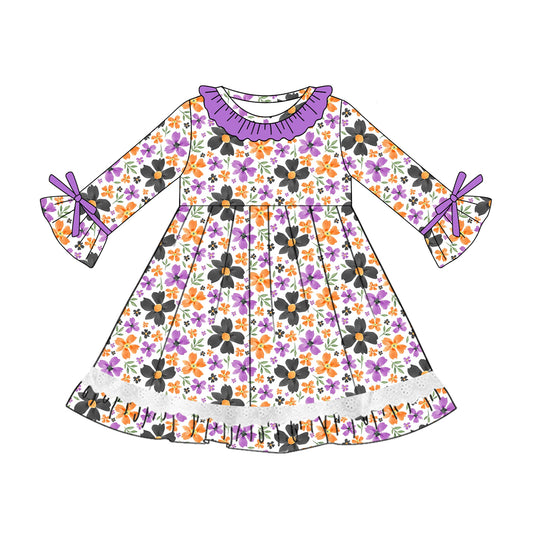 (Pre-order)GLD1039 Colorful Flowers Print Girls Fall Knee Length Dress