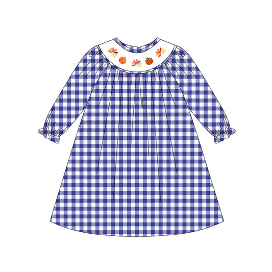 (Pre-order)GLD1041 Turkey Pumpkin Blue Plaid Print Girls Thanksgiving Knee Length Dress