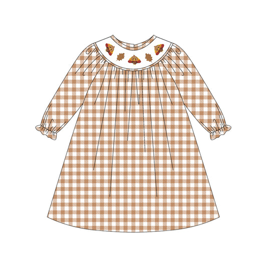 (Pre-order)GLD1042 Turkey Brown Plaid Print Girls Thanksgiving Knee Length Dress
