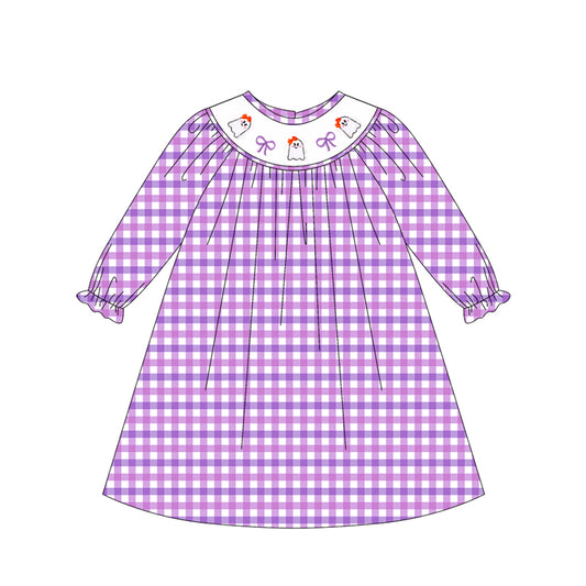 (Pre-order)GLD1043 Ghost Bows Purple Plaid Print Girls Halloween Knee Length Dress