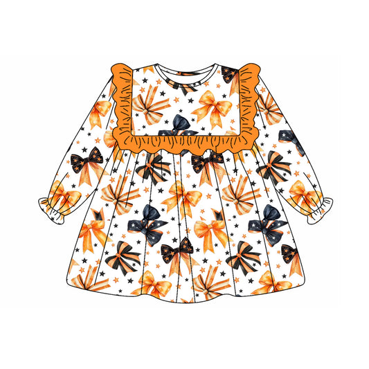(Pre-order)GLD1044 Black Orange Bows Print Girls Halloween Knee Length Dress