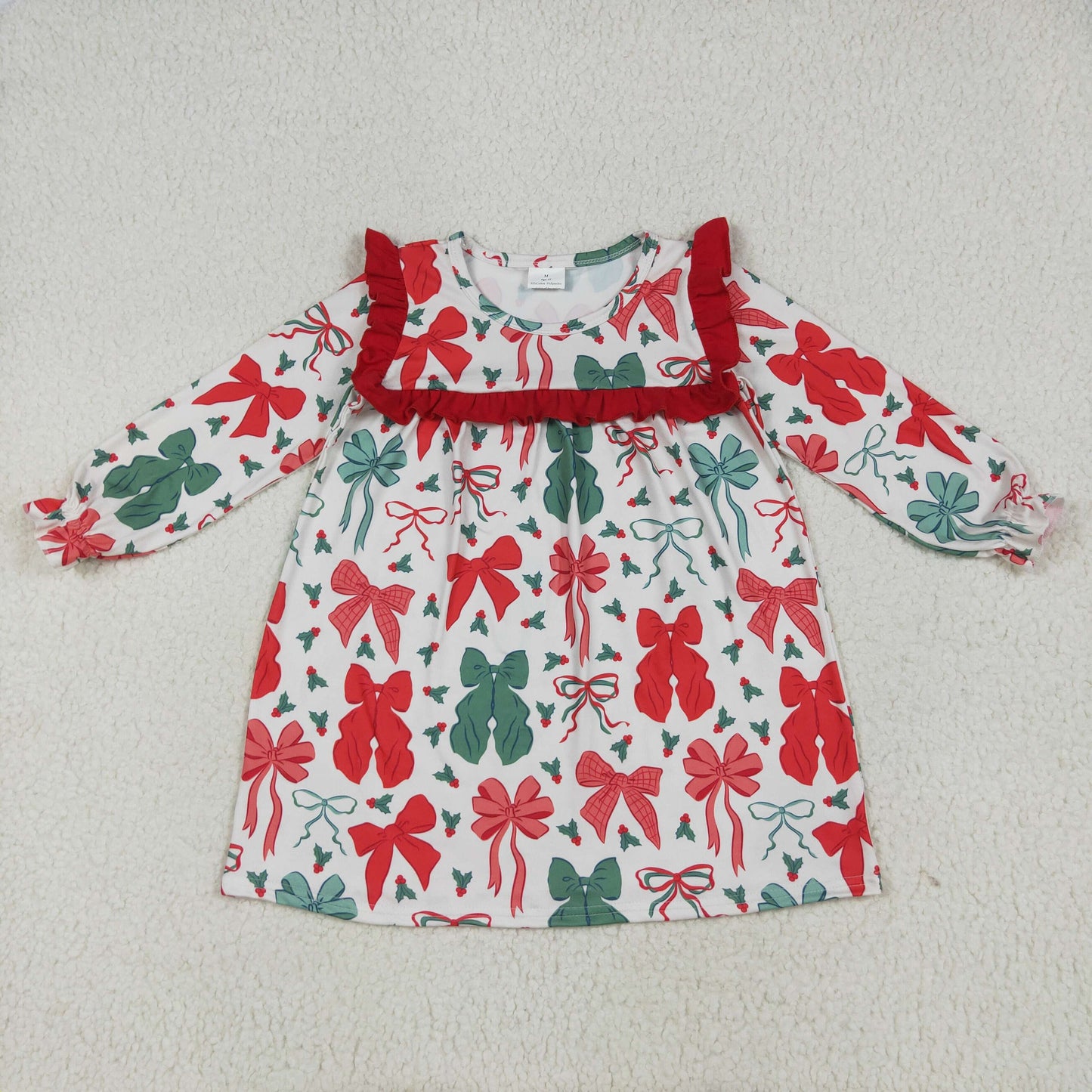 Red Green Bows Holly Print Girls Christmas Clothes Sisters Matching Wear