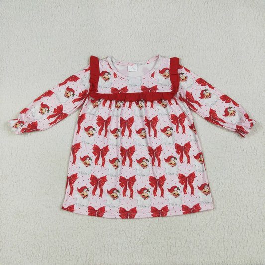 GLD1047 Red Bows Santa Print Girls Christmas Knee Length Dress