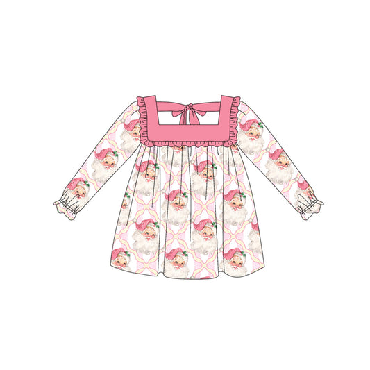 (Pre-order)GLD1049 Santa Pink Print Girls Christmas Knee Length Dress