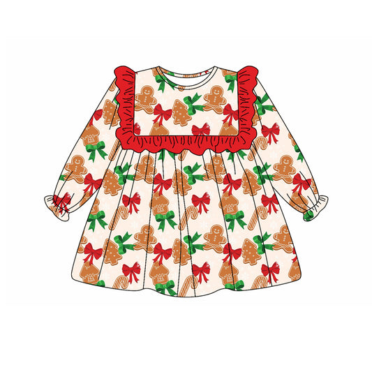 (Pre-order)GLD1051 Gingerbread Bows Print Girls Christmas Knee Length Dress