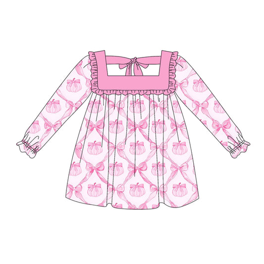 (Pre-order)GLD1052 Pumpkin Pink Bows Print Girls Fall Knee Length Dress