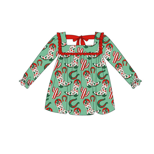 (Pre-order)GLD1056 Boots Holly Print Girls Western Christmas Knee Length Dress
