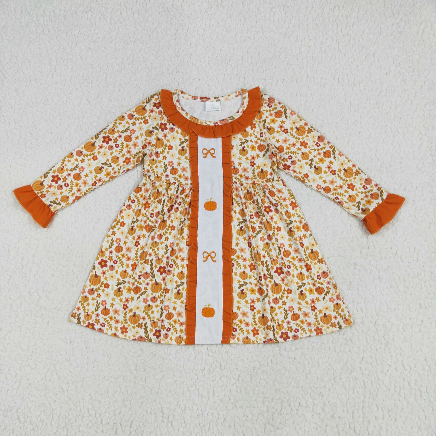 GLD1058 Pumpkin Bows Embroidery Flowers Print Girls Fall Knee Length Dress
