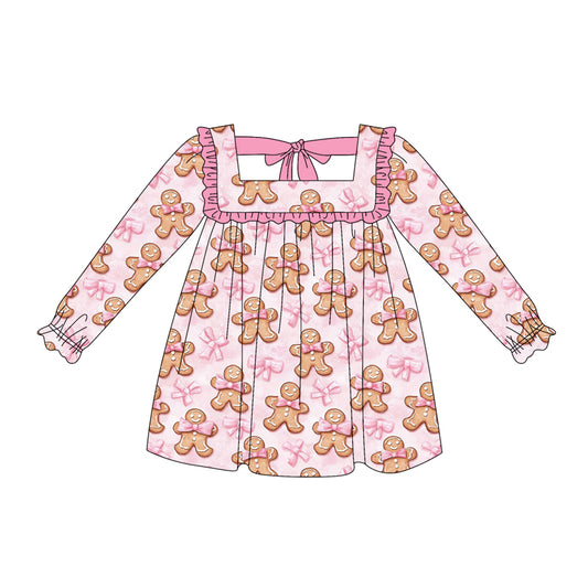 (Pre-order)GLD1060 Gingerbread Bows Pink Print Girls Christmas Knee Length Dress