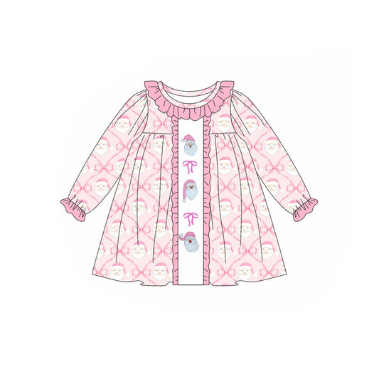 (Pre-order)GLD1061 Santa Bows Pink Print Girls Christmas Knee Length Dress