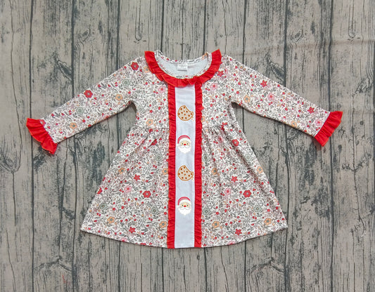 (Pre-order)GLD1062 Santa Cookie Flowers Print Girls Christmas Knee Length Dress