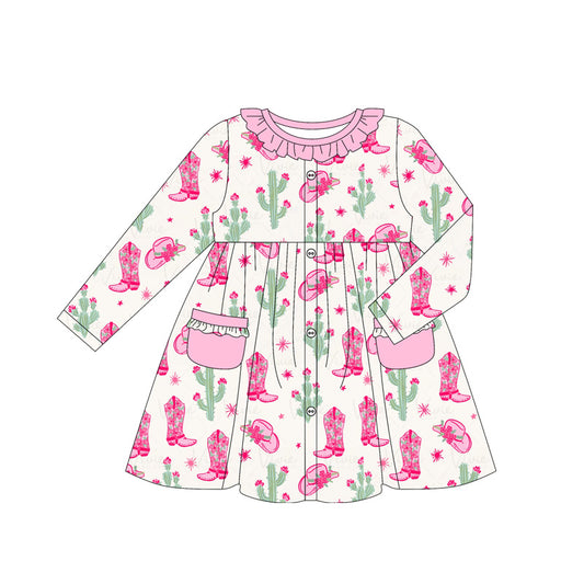 (Pre-order)GLD1063 Boots Cactus Pink Print Girls Western Knee Length Dress