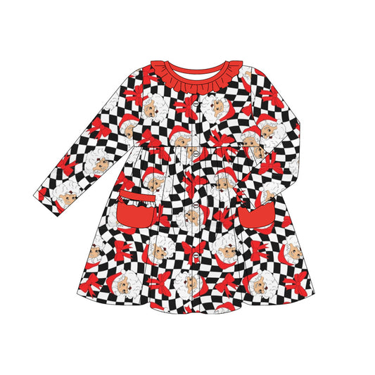 (Pre-order)GLD1064 Santa Plaid Print Girls Christmas Knee Length Dress