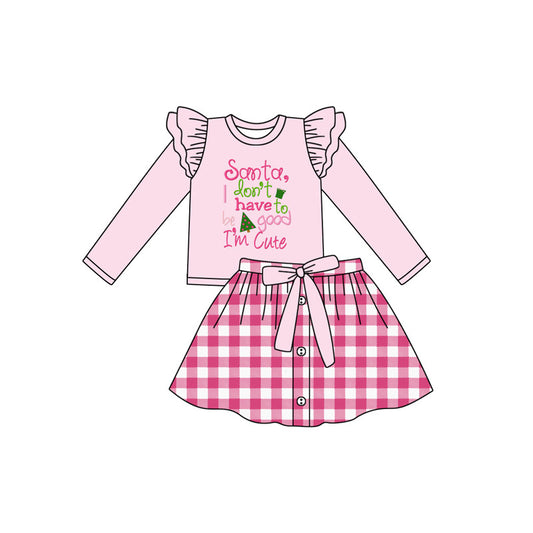 (Pre-order)GLD1068 Santa Top Plaid Skirts Girls Christmas Clothes Set