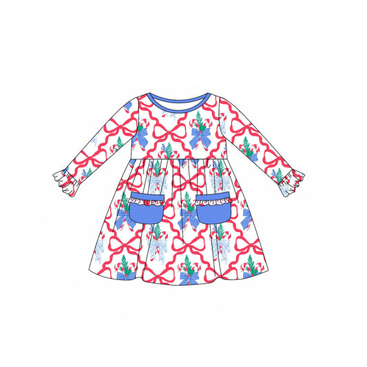 (Pre-order)GLD1069 Candy Cane Bows Print Girls Christmas Knee Length Dress