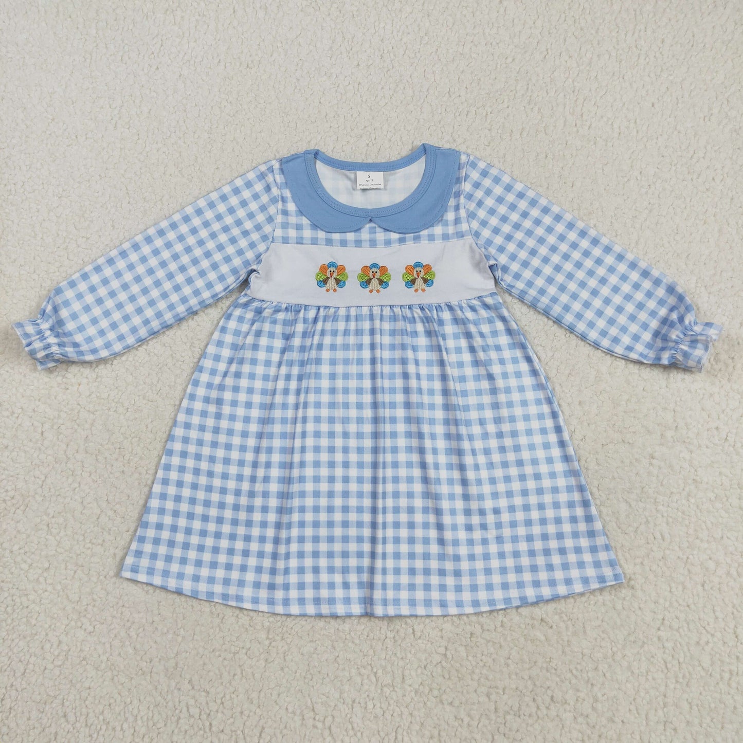 GLD1070 Turkey Embroidery Blue Plaid Print Girls Thanksgiving Knee Length Dress