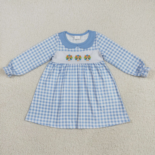 GLD1070 Turkey Embroidery Blue Plaid Print Girls Thanksgiving Knee Length Dress