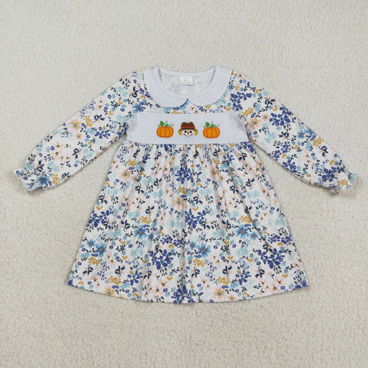GLD1071  Pumpkin Embroidery Flowers Print Girls Fall Knee Length Dress