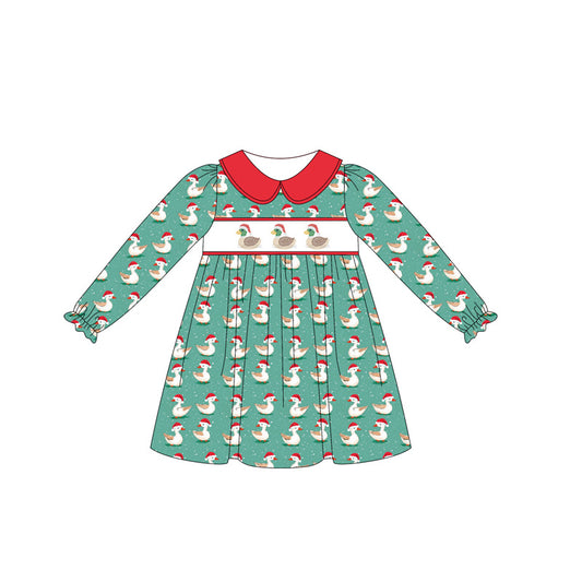 (Pre-order)GLD1074 Duck Print Girls Christmas Knee Length Dress