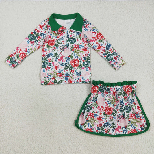GLD1075 Red Green Flowers Print Zipper Top Skirts Girls Christmas Clothes Set