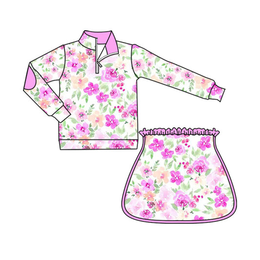 (Pre-order)GLD1076 Hot Pink Flowers Print Zipper Top Skirts Girls Clothes Set