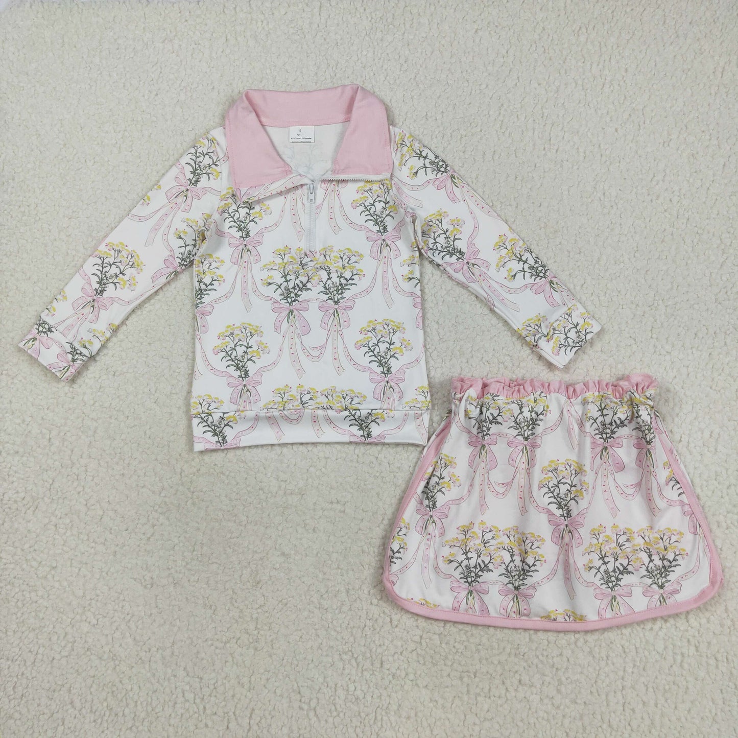 GLD1078 Small Flowers Bows Print Zipper Top Skirts Shorts Girls Clothes Set
