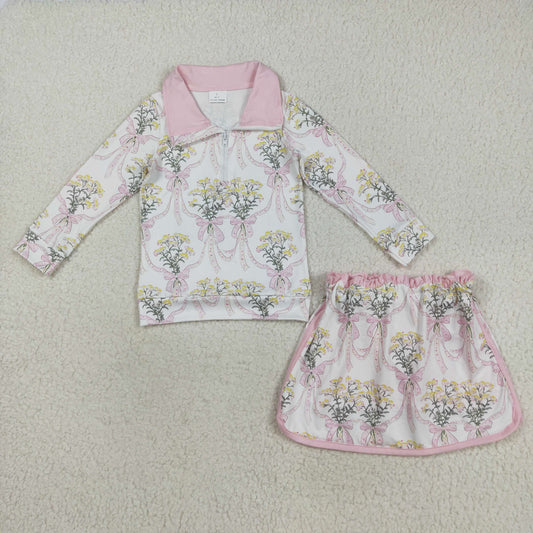 GLD1078 Small Flowers Bows Print Zipper Top Skirts Shorts Girls Clothes Set
