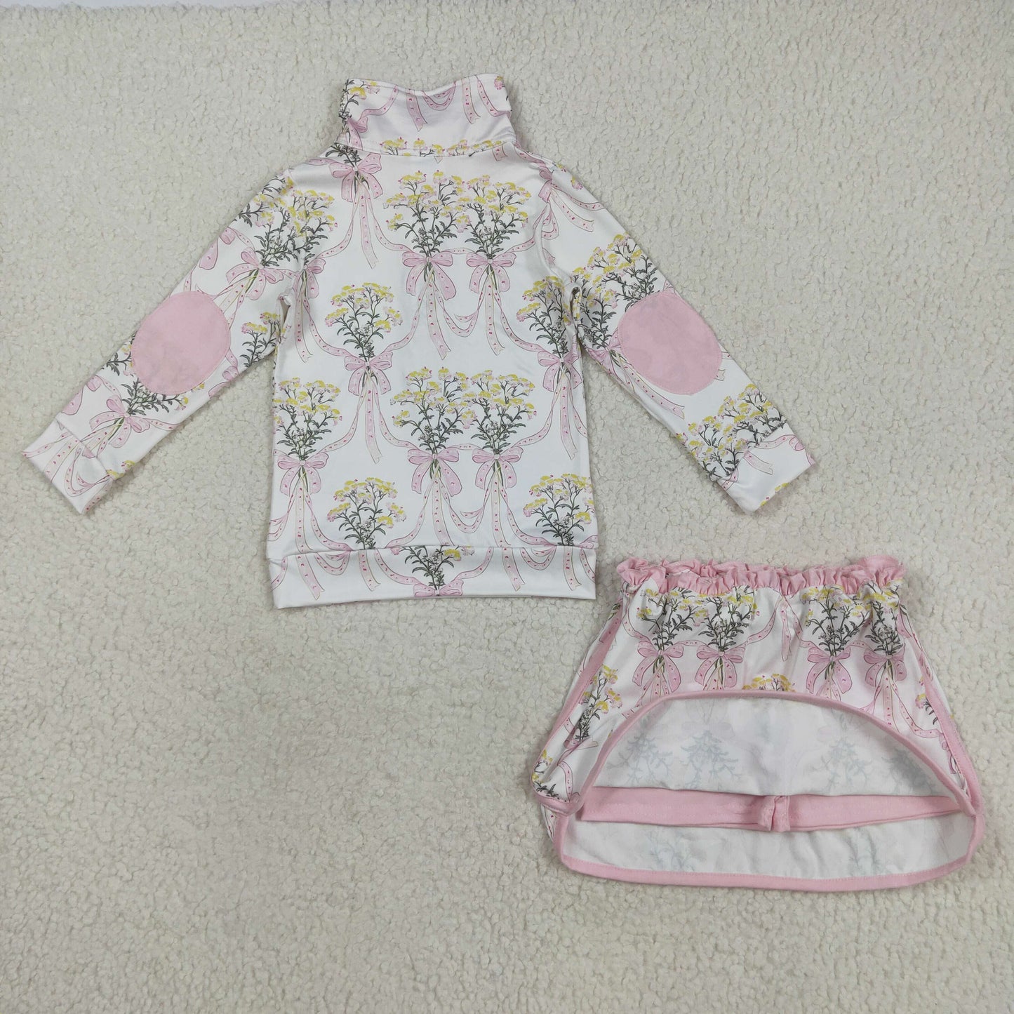 GLD1078 Small Flowers Bows Print Zipper Top Skirts Shorts Girls Clothes Set