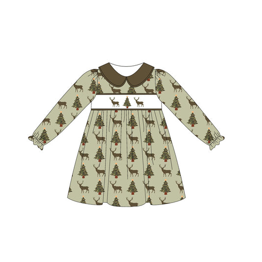 (Pre-order)GLD1081  Deer Tree Camo Print Girls Christmas Knee Length Dress