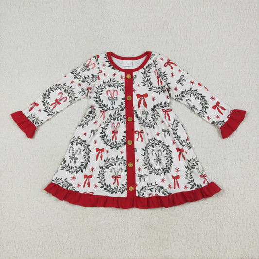 GLD1082  Candy Cane Bows Print Girls Christmas Knee Length Dress