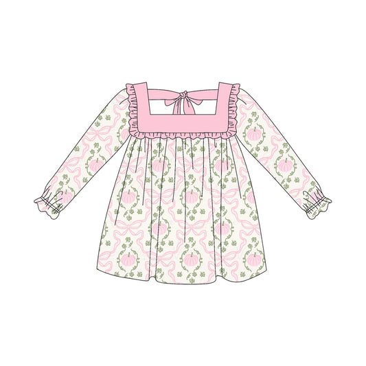 (Pre-order)GLD1083 Pumpkin Bows Pink Print Girls Fall Knee Length Dress