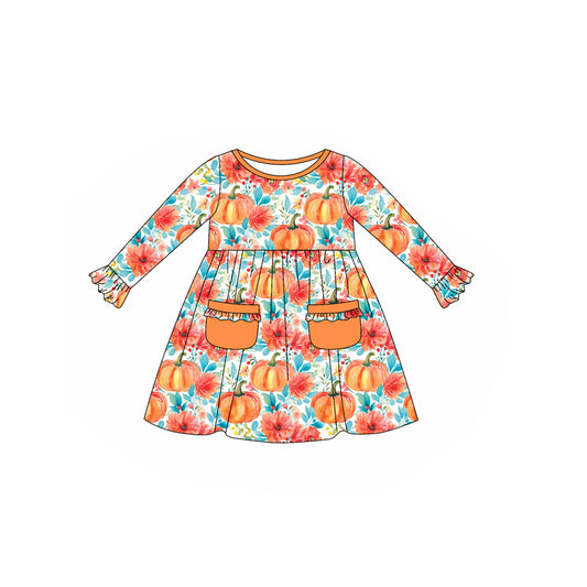 (Pre-order)GLD1085 Pumpkin Flowers Print Pockets Girls Fall Knee Length Dress