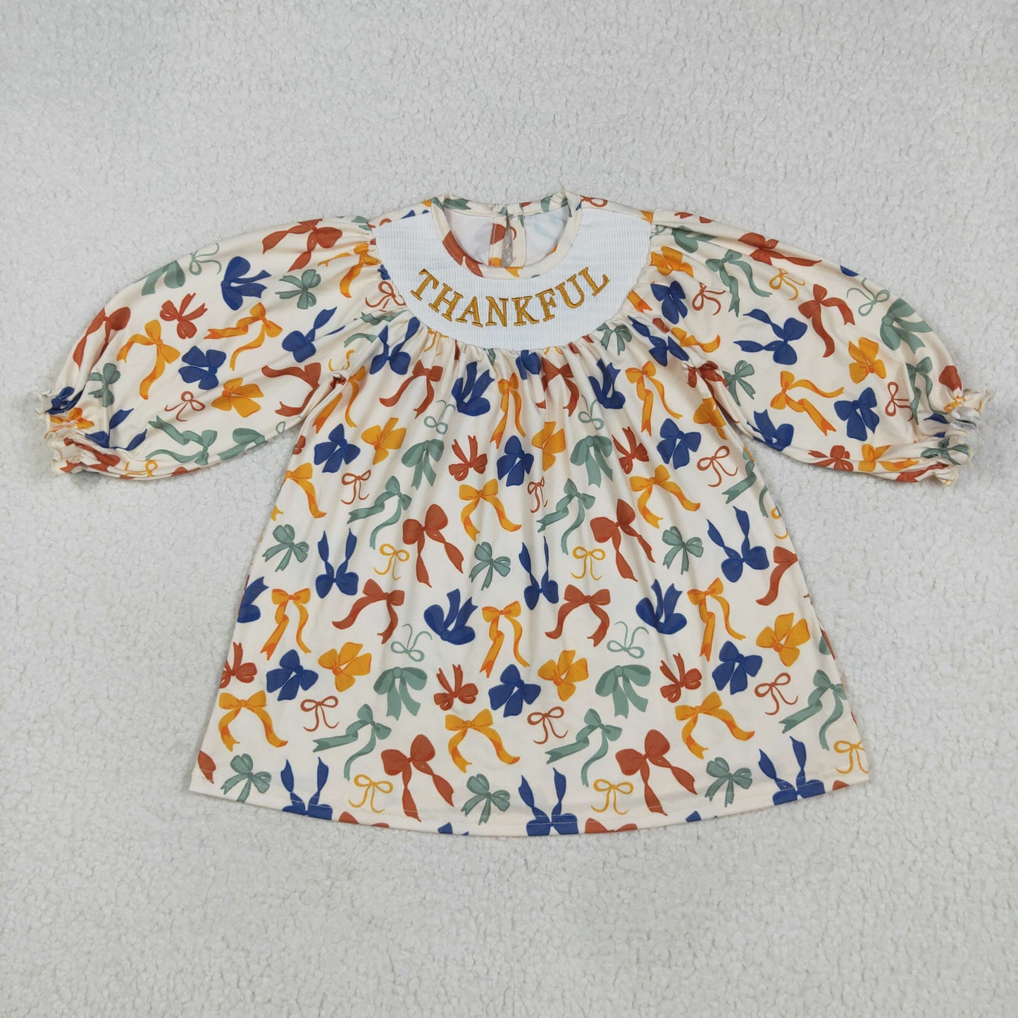 GLD1086 Thankful Embroidery Colorful Bows Girls Thanksgiving Smocked Knee Length Dress