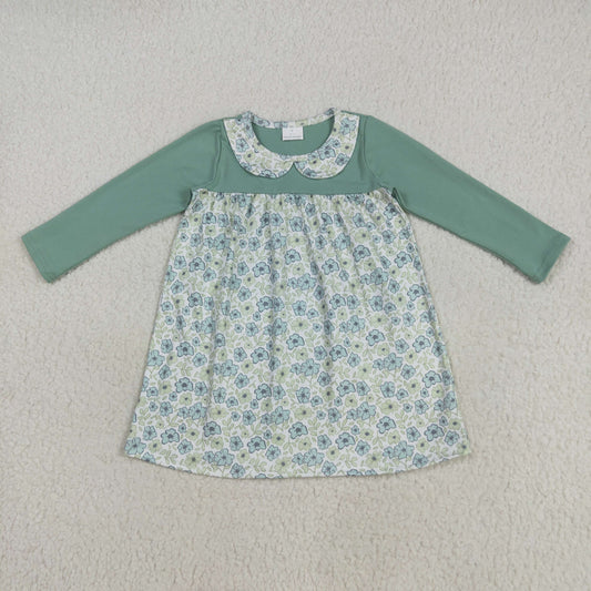 GLD1087 Flowers Green Print Girls Fall Knee Length Dress