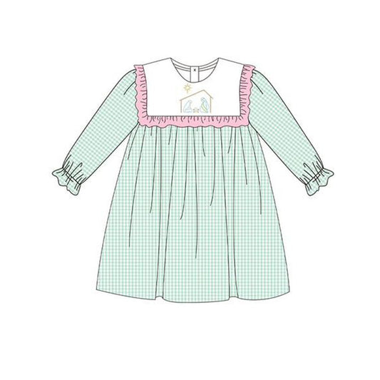 (Pre-order)GLD1088 Nativity Plaid Print Girls Christmas Knee Length Dress
