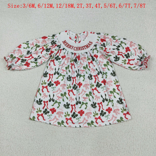 GLD1094 MERRY CHRISTMAS Embroidery Red Green Bows Girls Smocked Knee Length Dress