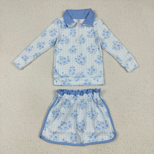 GLD1097 Blue Flowers Plaid Zipper Pullover Top Skirts Shorts Girls Yoga Clothes Set