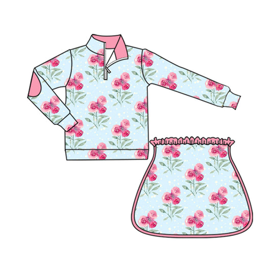 (Pre-order)GLD1099 Pink Flowers Blue Zipper Top Skirts Girls Yoga Clothes Set