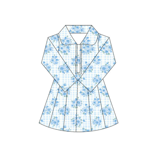 (Pre-order)GLD1103 Blue Flowers Plaid Girls Long Sleeve Knee Length Yoga Dress
