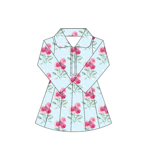 (Pre-order)GLD1105 Pink Flowers Blue Girls Long Sleeve Knee Length Yoga Dress