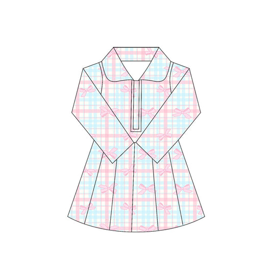 (Pre-order)GLD1106 Pink Bows Plaid Girls Long Sleeve Knee Length Yoga Dress