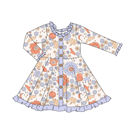 (Pre-order)GLD1107  Pumpkin Flowers Print Girls Halloween Knee Length Dress
