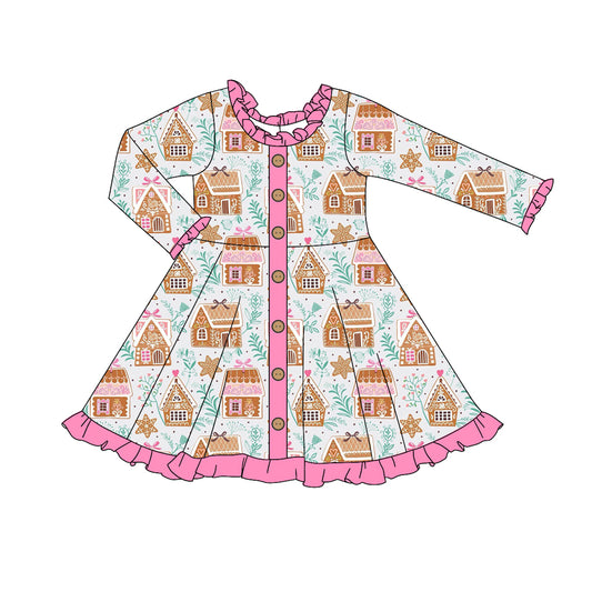 (Pre-order)GLD1108  Candy House Print Girls Christmas Knee Length Dress