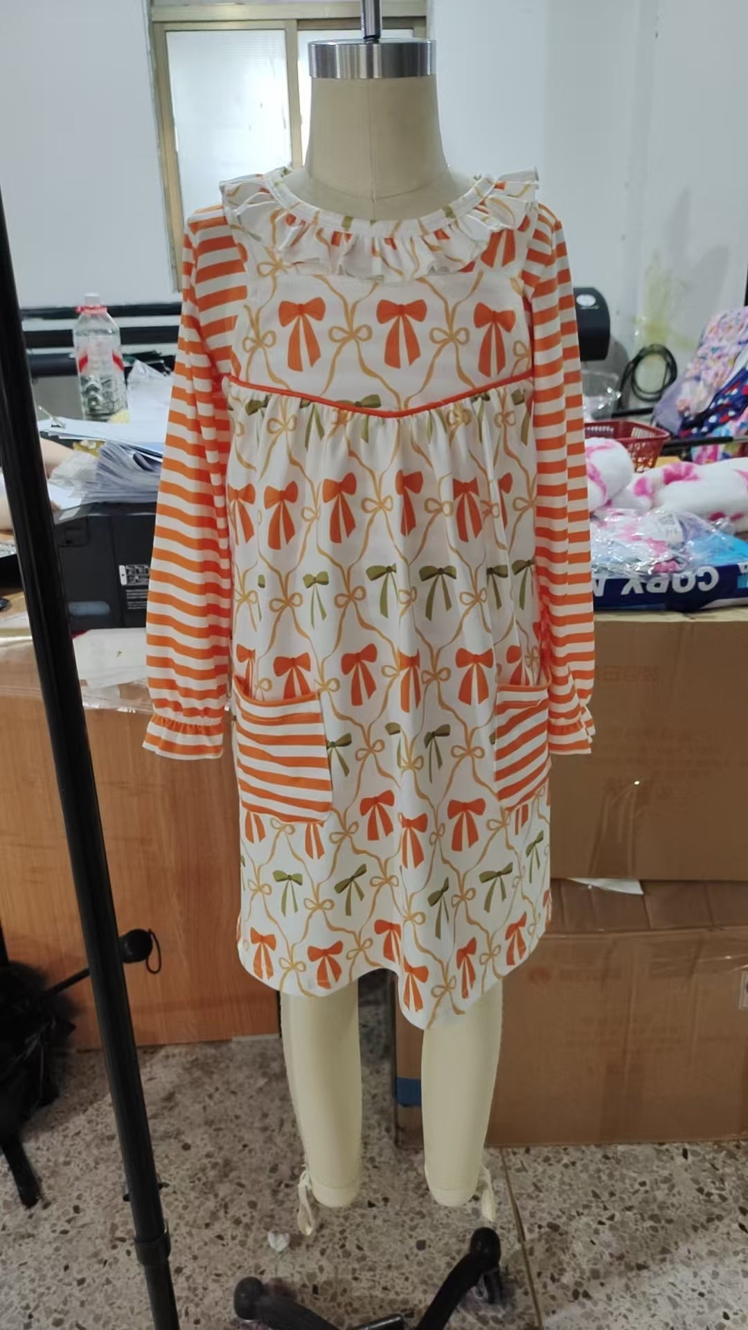 GLD1110  Orange Stripes Top Bows Pockets Dress Girls Fall Outfits