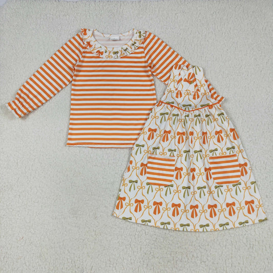 GLD1110  Orange Stripes Top Bows Pockets Dress Girls Fall Outfits