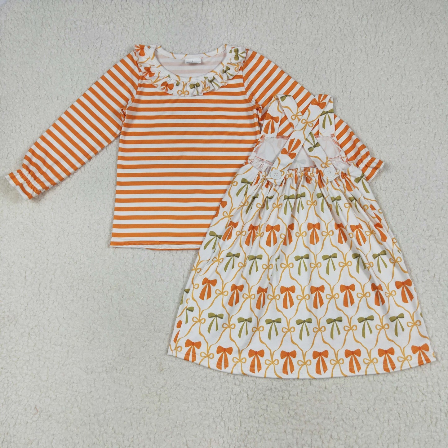 GLD1110  Orange Stripes Top Bows Pockets Dress Girls Fall Outfits